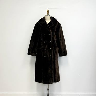 Vintage Faux Fur Coat | 1970s White Stag Dark Brown Long Fake Fur Double Breasted Coat | Size Large 