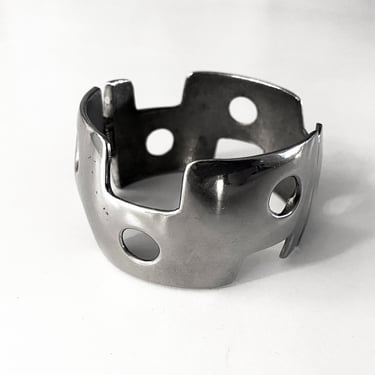 Modernist Cuff Bracelet | Vintage 60s 70s | MOD Brutalist Silver Metal Spring-Hinged | Stunningly Simple Geometric Cut-Out Jewelry Design 