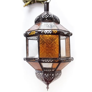 1960's Moroccan Glass & Metal Swag Light Lamp, Vintage 60's, 1970's Lighting Bohemian Mod Mid Century Pendant Hanging 