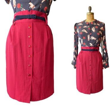 vintage 1980s burgundy rayon high waist pencil skirt, classic 80s, 27 waist, button front, belt loops 