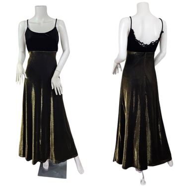 1990's Night Way Gold Lurex Black Velvet Long Slip Dress I Sz Med 