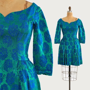 50s brocade floral dress | Vintage 1950s emerald green & blue Floral Brocade mini dress 