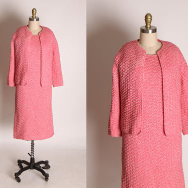 Early 1960s Bright Pink Silver Lurex Sleeveless Knit Wiggle Dress with Matching Long Sleeve Jacket Two Piece Dress -S 