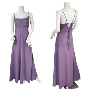 Night Way 1990's Dusty Lavender Purple Long Gown Dress I Sz Med I Lace Up Back 