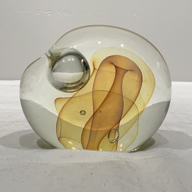 Sylvia Vigiletti Hand Blown Art Glass Paperweight Signed & Dated 1980, hand blown glass with yellow art, pretty office decor, unique decor 