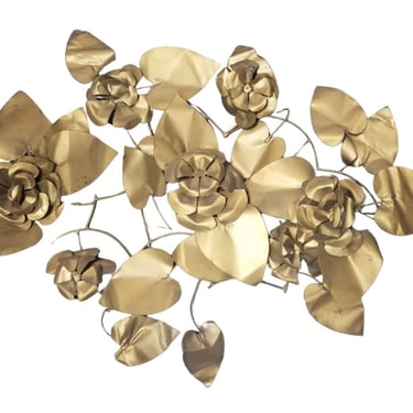 Mid-century Regency Brass Folded Metal Floral Wall Sculpture 