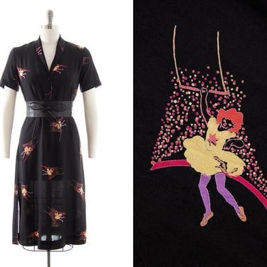Vintage 1970s Shirt Dress | 70s Lady Circus Trapeze Novelty Print 1940s Style Black Rayon Shirtwaist Day Dress (medium) 