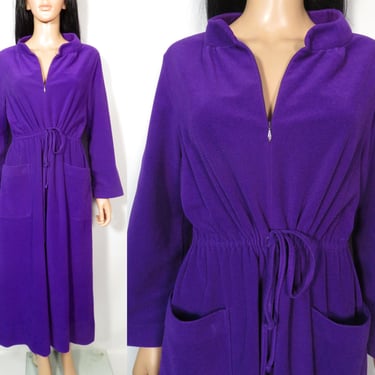 Vintage 70s Vanity Fair Royal Purple Velour Fleece Robe Nightgown Drawstring Loungewear House Dress Size 14 L 