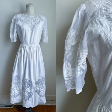 Vintage 1980s White Lace Indian Cotton Dress / S-M 