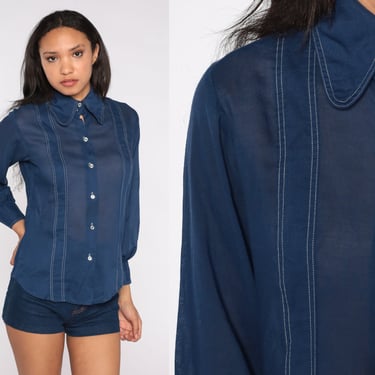 Blue 70s Blouse Navy Semi-Sheer Long Sleeve Button Up Oxford Shirt Pointed Collar Disco Shirt Preppy Seventies Vintage Collared 1970s Small 