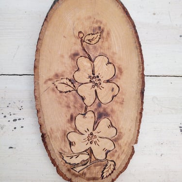 1981 Dogwood Pyrography Wall Hanging Vintage Art Wall Décor Home Décor Wood Art 