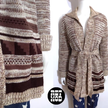 Chunky Vintage 70s 80s Light Brown Space Dye Knit Long Cardigan with Pockets 