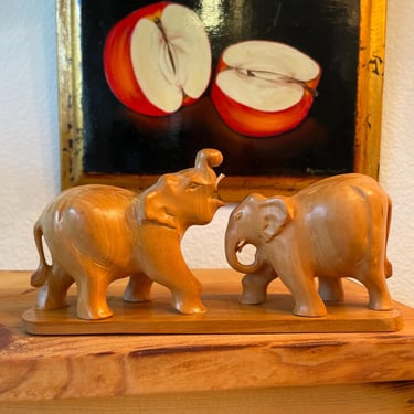 Vintage Hand Carved Wooden Elephants Baby Figurine | Wooden Baby Elephants Playing Figure | Small Baby Animal Sculpture | Read Flaw 