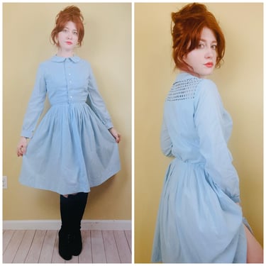 1960s Vintage Nylon Baby Blue Shirt Dress / 60s / Sixties Lattice Cut Out Back Peter Pan Collar Day Dress / Small - Medium 