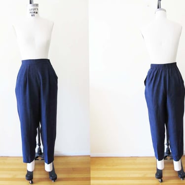 Vintage 90s Navy Blue Cropped Silk Pants S - 1990s Pleated Tapered Womens Trousers - Preppy Minimalist Style 