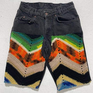 TBNW Custom Crochet Orange Tab Levi Black Denim Shorts Sz. 29 x 23