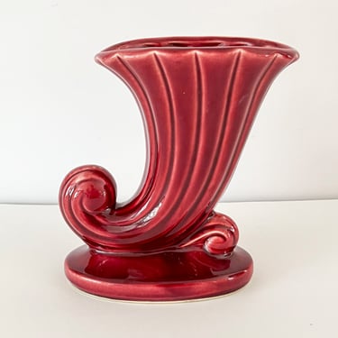 Vintage Cornucopia Vase. Glazed Red Vase. Vintage USA Pottery. 