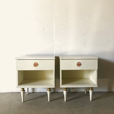 Pair MCM White Lacquer Nightstands