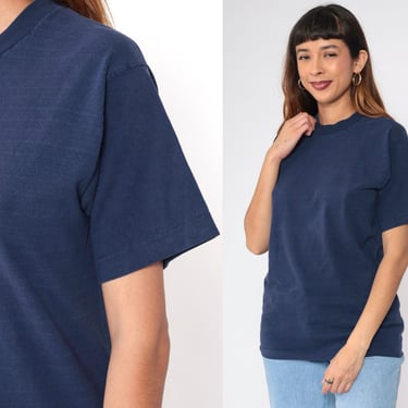 Vintage Navy Blue T Shirt Subtle Stripes Single Stitch Plain Tee 80s T Shirt Normcore Tshirt 1980s Basic Short Sleeve Medium 