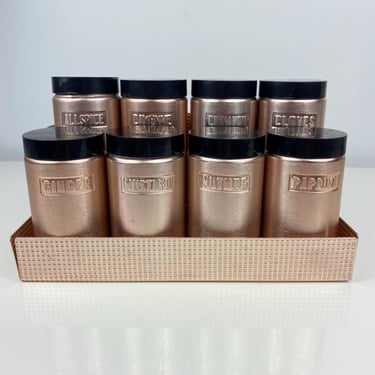 Vintage Spun Aluminum Copper Color Spice Rack Set, Aluminum Spice Rack with 8 Aluminum Spice Jars, Retro Rose Gold Brushed Aluminum Set, MCM 