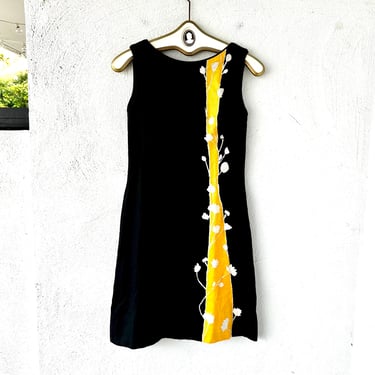 Vintage 60s Linen Black Yellow Dress 1960s Mod Bold Stripe Floral Scooter Dress 