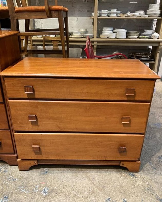 Vintage three drawer maple dresser. 40” x 18.5” x 33”