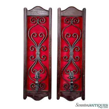 Mid-Century Gothic Revival Red Velvet & Wrought Iron Candle Sconces - A Pair