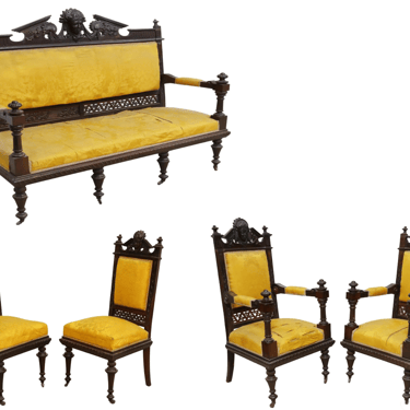 Antique Parlor Set, Five Pc. Victorian, Figural, Carved & Upholstered, 1800s!!