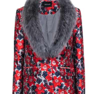 Dolce Cabo - Red, Grey, & Navy Jacquard Floral Blazet w/ Fox Fur Collar Sz S
