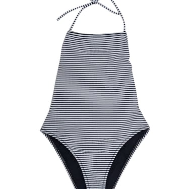 Solid &amp; Striped - White &amp; Black Striped Seersucker One Piece Bathing Suit Sz S