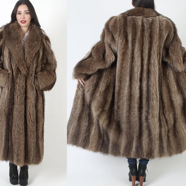 Lanvin Full Length Real Raccoon Fur Jacket, Long Shaggy Brown Winter Overcoat, Vintage 70s Maxi Outdoors Coat 