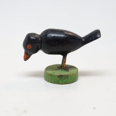 Tiny Antique German Wooden Black Bird, Erzgebirge Region, Vintage Hand Painted Crow Toy for Putz or Nativity Creche, Retro Raven 