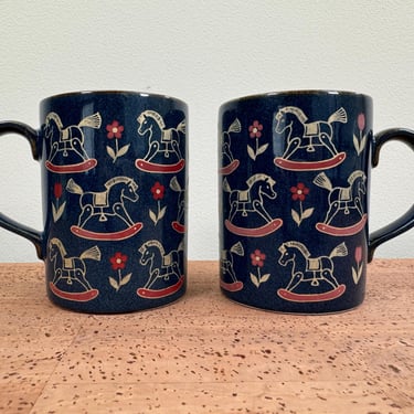 Otagiri Rocking Horse Flowers Mugs | Speckled Blue Stoneware | Japan 