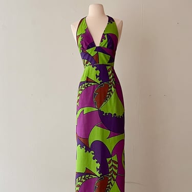 1970's Lime Green &amp; Magenta Hawaiian Halter Dress  / Sz S