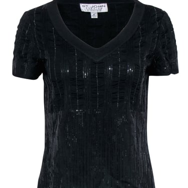 St. John Evening - Sparkly Black Knit Short Sleeve Shirt Sz M