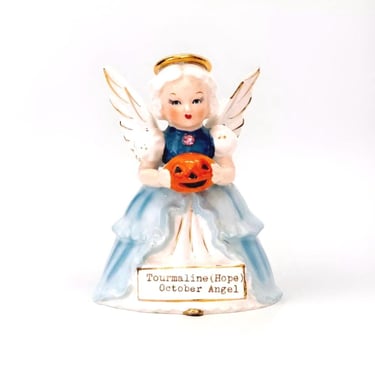 Vintage Halloween SR Japan October Tourmaline Birthday Angel Figurine with Halloween Pumpkin Hope 