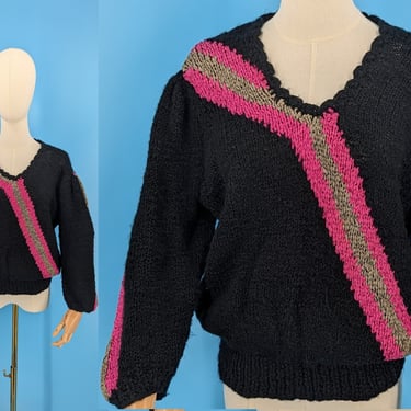 80s Hand Knit Black Pullover Sweater - Eighties Large Handmade Sweater with Large Pink Stripe 