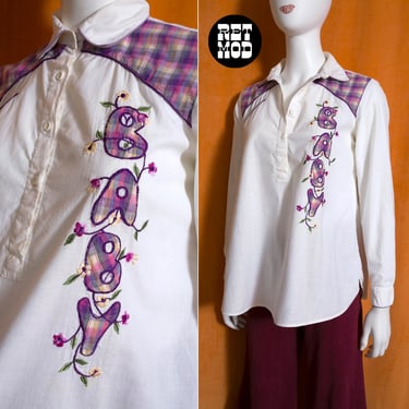 Adorable Vintage 70s White Blouse with Baby Applique and Purple Plaid 