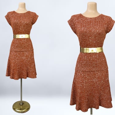 VINTAGE 70s Rusty Orange and Silver Metallic Lurex Knit Skirt and Sweater Set | 1970s 2 Piece Knitwear Dress Set | VFG 