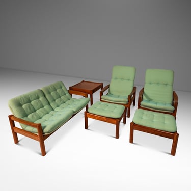 Mid-Century Modern Living Room Set (Loveseat, 2 Lounge Chairs, 2 Ottomans w/ Matching Table) in Teak by Domino Møbler, Denmark, c. 1970's 