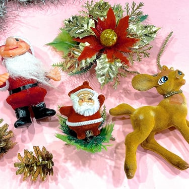 VINTAGE: 6pcs - Old Flocked Ornaments - Mercury Bulb Corsage, Santa, Reindeer, Plastic Pinecones - Holiday Crafts Floral Arrangements 