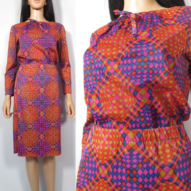 Vintage 60s Mod Op Art Print Nylon 2 Piece Skirt Set Size M 