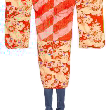 1940'S Coral Red & Pink Silk Origami Crane Print Kimono With Hand Embroidery 
