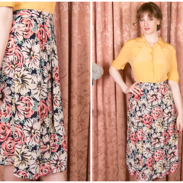 1940s Skirt - Bold Vintage 40s Rayon Printed Macro Floral Skirt with Roses and Daisies 