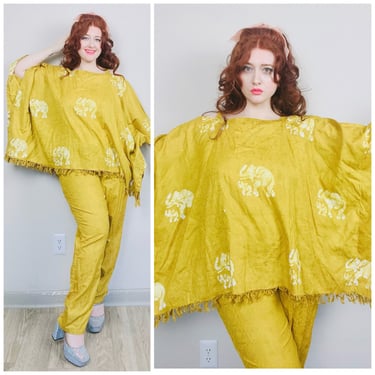 1990s Vintage Yellow Elephant Print Cotton Pant Set / 90s Caftan Fringe Blouse and Elastic Waist Trousers / Large - XL 