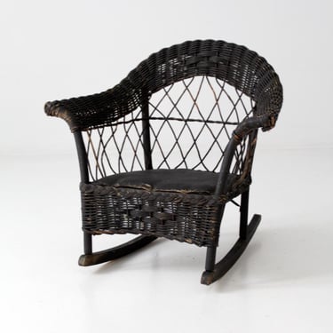 antique Victorian black wicker child's rocking chair 