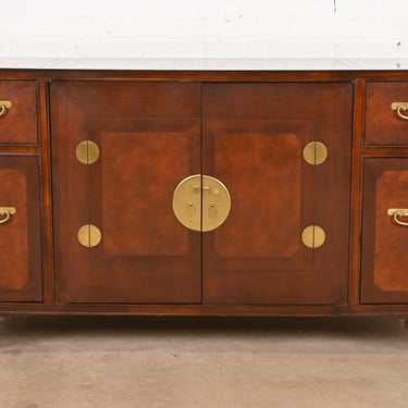 Michael Taylor for Baker Hollywood Regency Chinoiserie Burled Walnut Sideboard Credenza, Circa 1970s