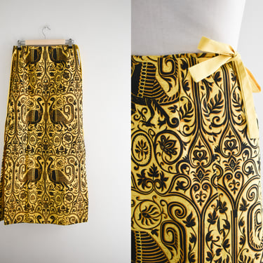 1960s/70s Bagshaws of St. Lucia Yellow and Black Screen Printed Wrap Maxi Skirt 