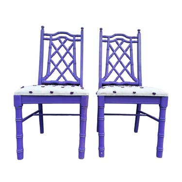 Set of 2 Vintage Faux Bamboo Dining Chairs Painted Purple - Hollywood Regency Fretwork Palm Beach Coastal Chinoiserie Furniture 