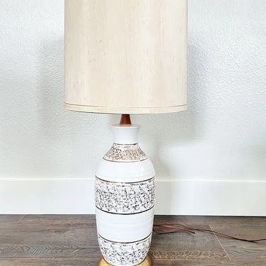 Mid Century Danish Modern Ceramic & Wood Table Lamp W Shade Vintage WORKS MCM